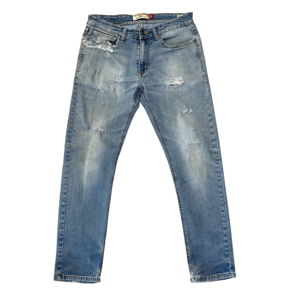 Hudson & Barrow Jeans Mens 32x30 Blue Slim Stretch Denim Highly Distressed